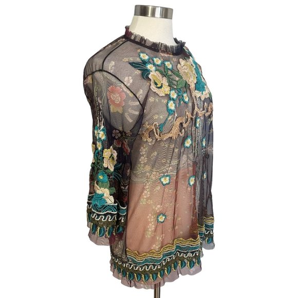 Johnny Was MEDIUM Renley Floral Embroidered Sheer Ruffle 3/4 Length Sleeve Top - Picture 3 of 12